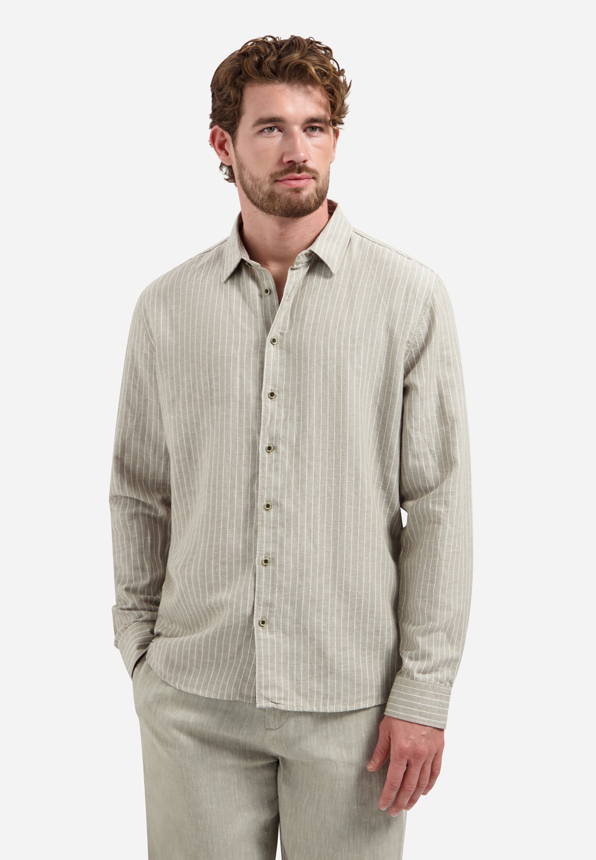 Linen blend shirt with fine stripes | Taupe