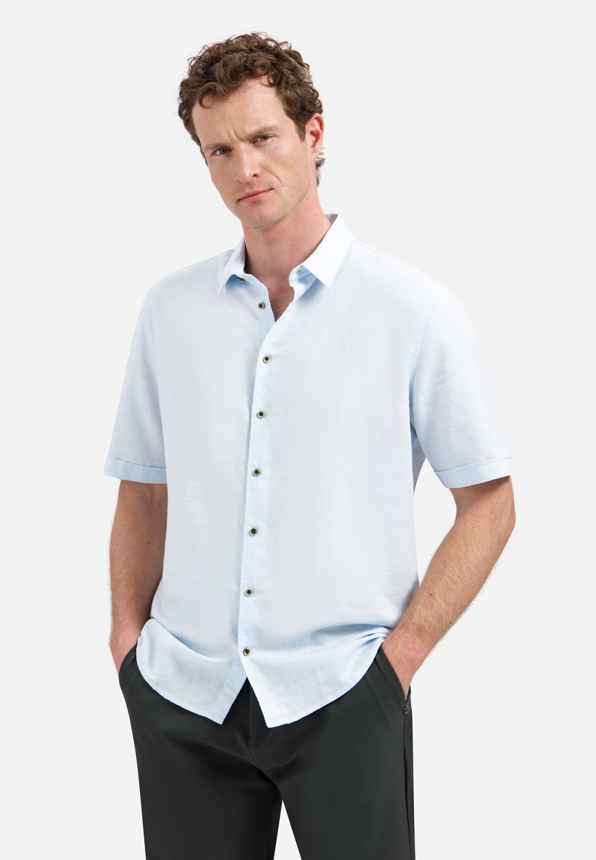 Short-sleeved linen blend shirt | Sky