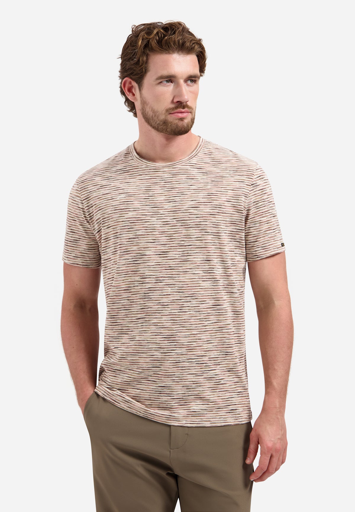 T-shirt rayé à col rond et manches courtes | Stone