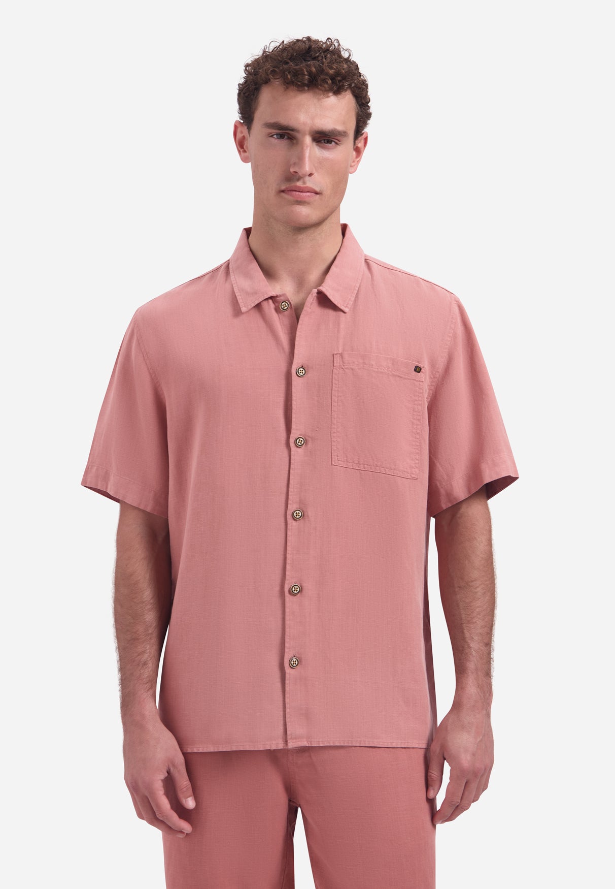 Short-sleeve linnen blend shirt | Coral