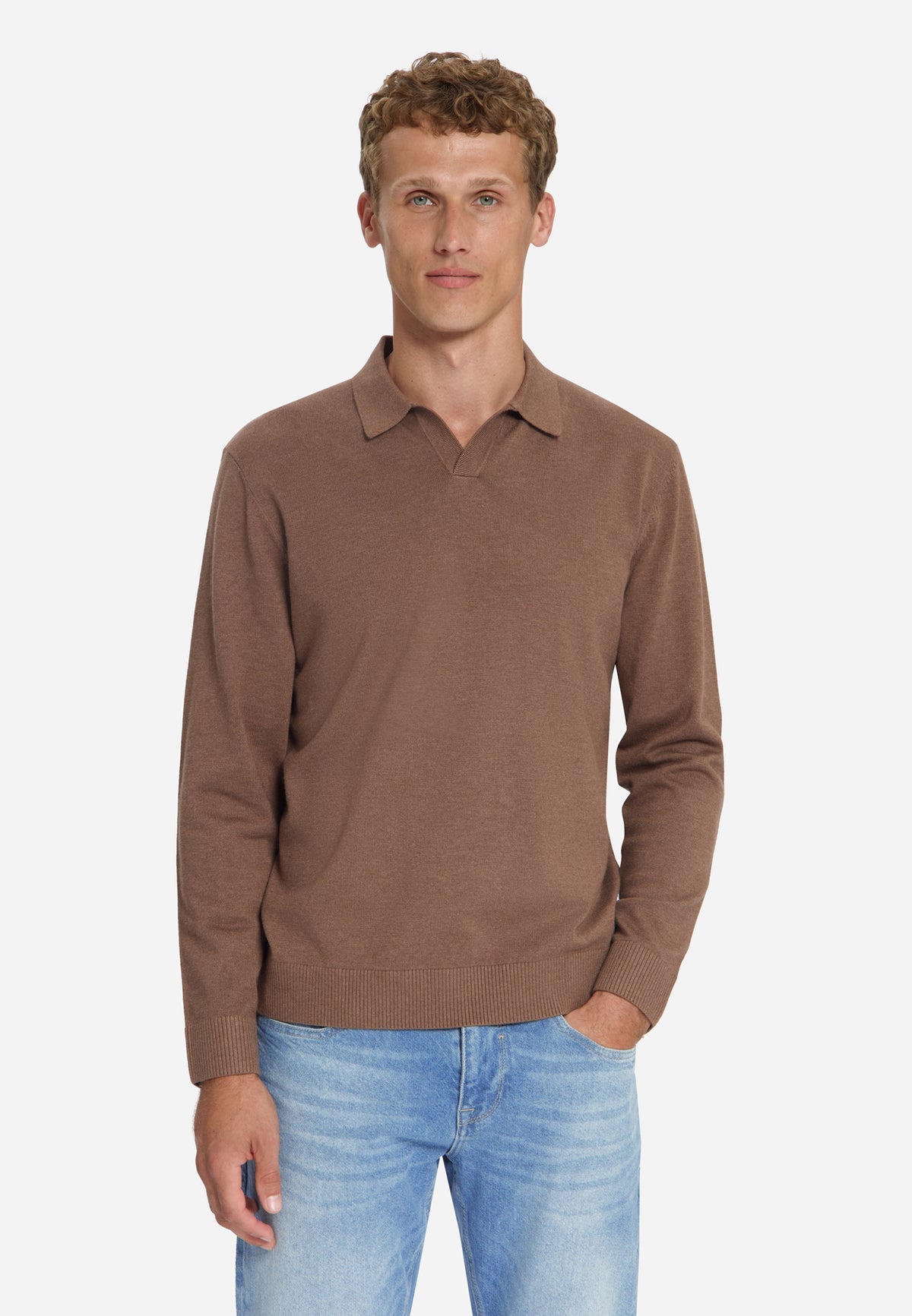 Fine Knit Polo Jumper | Light Brown
