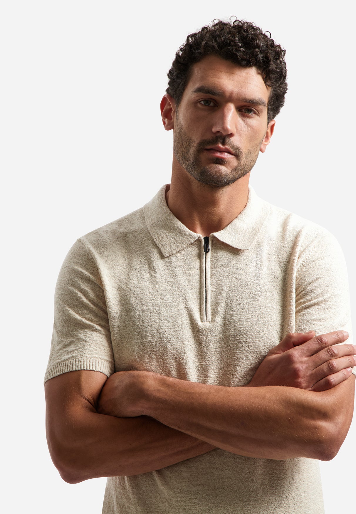 Knitted polo shirt with zip | Desert