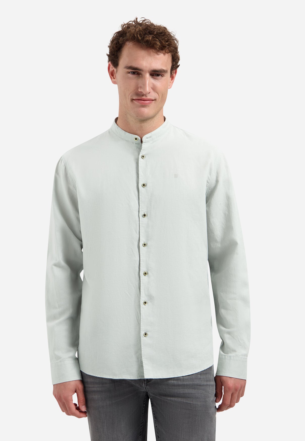Linen-blend shirt with a stand-up collar | Dusty Green