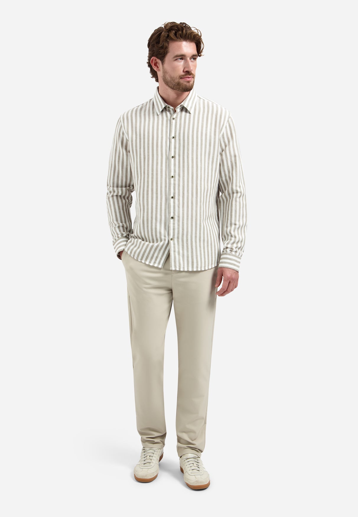 Linen-blend shirt with wide stripes | Taupe
