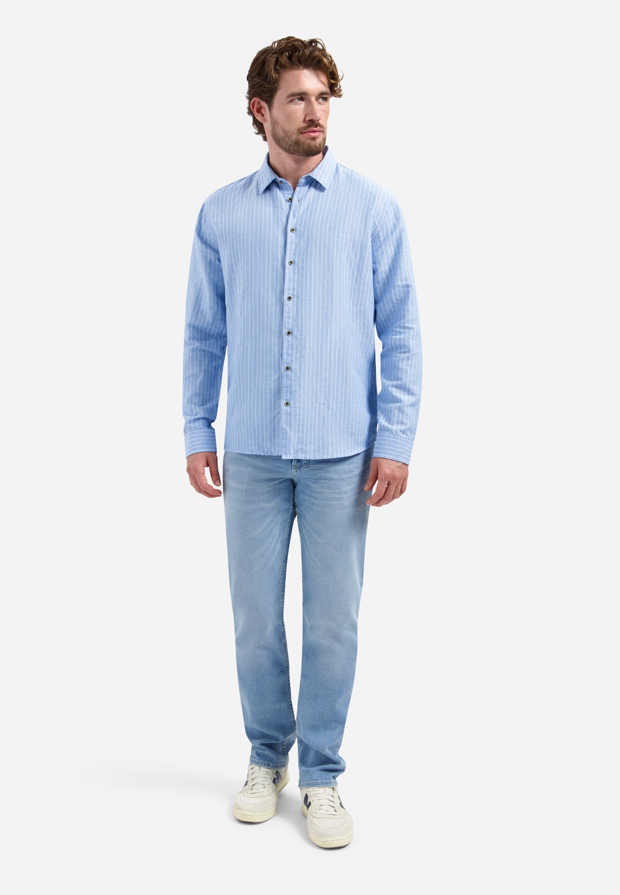 Linen blend shirt with fine stripes | Blue