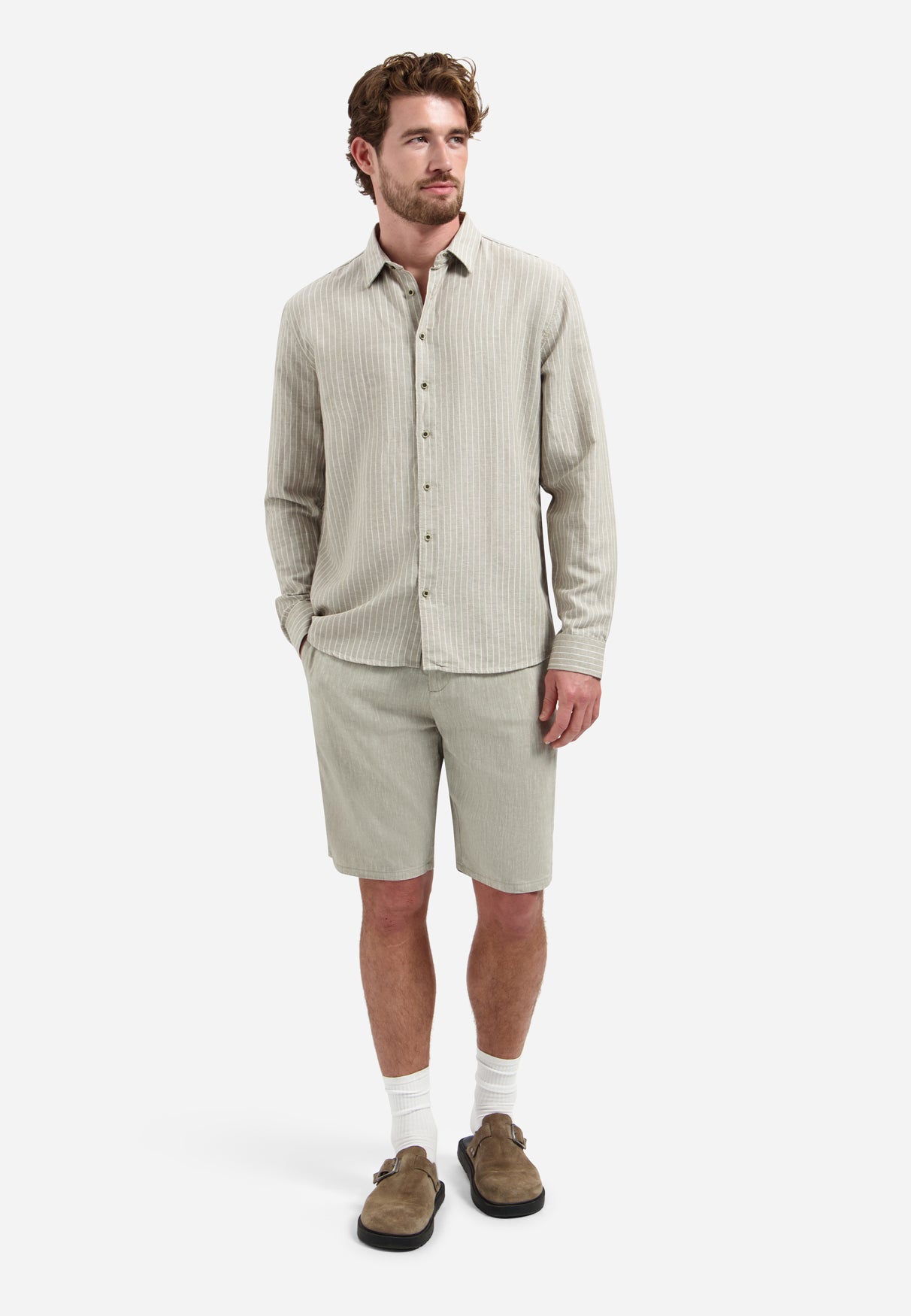 Linen blend shirt with fine stripes | Taupe