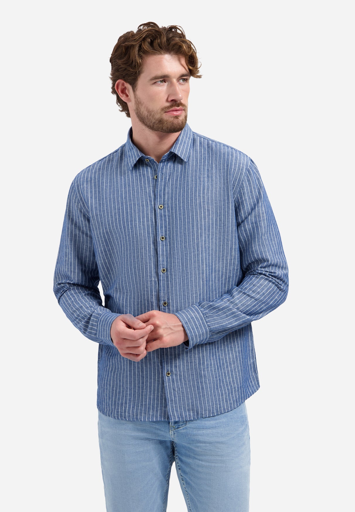 Chemise en lin mélangé à fines rayures | Indigo Blue
