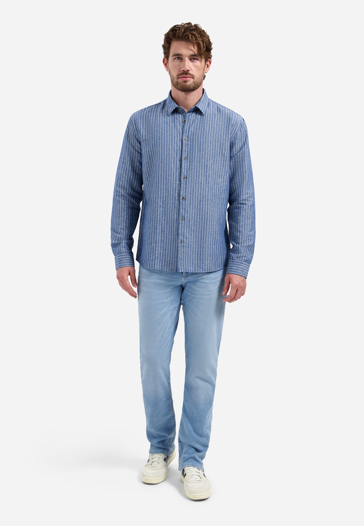 Chemise en lin mélangé à fines rayures | Indigo Blue