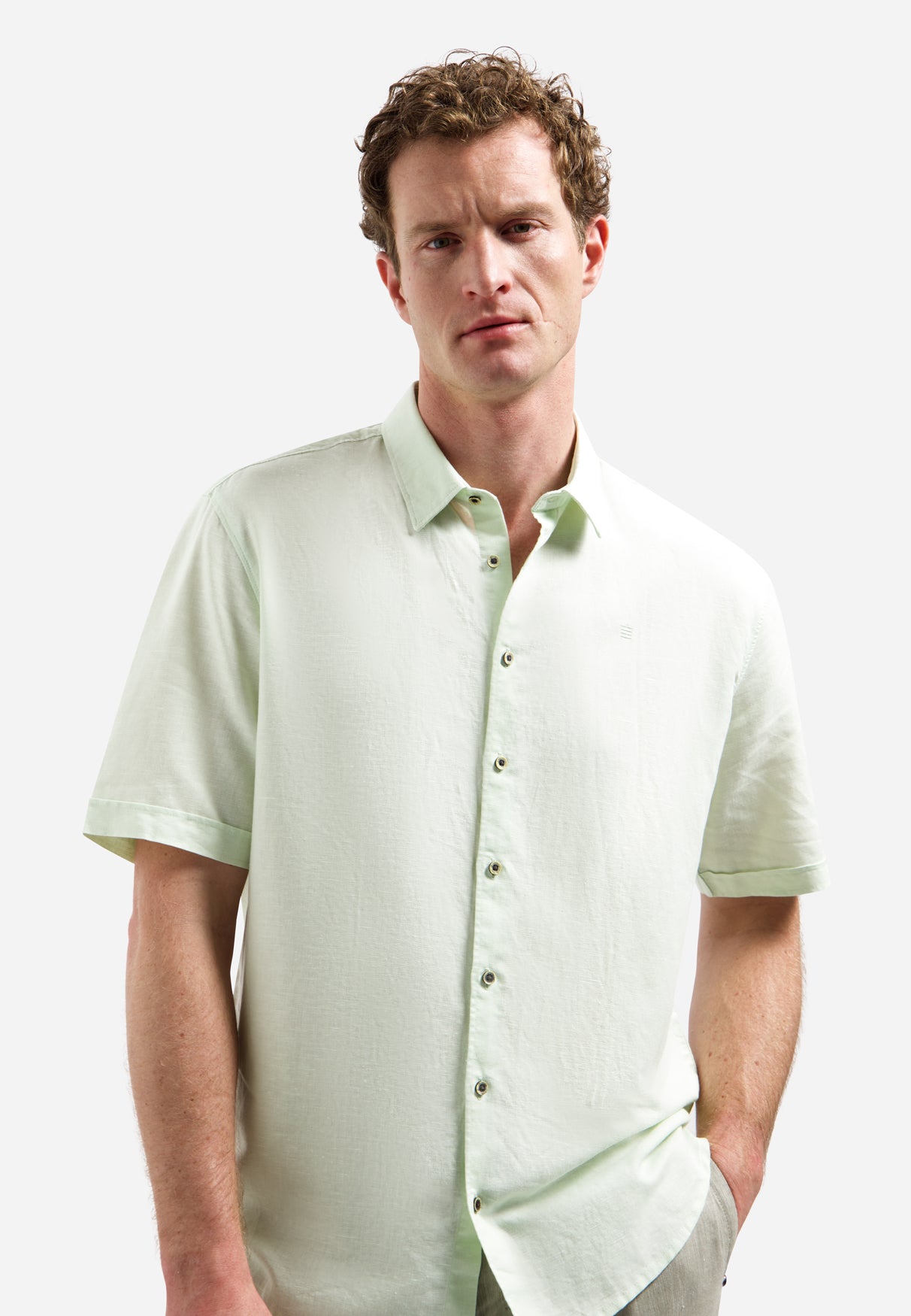 Short-sleeved linen blend shirt | Seagreen