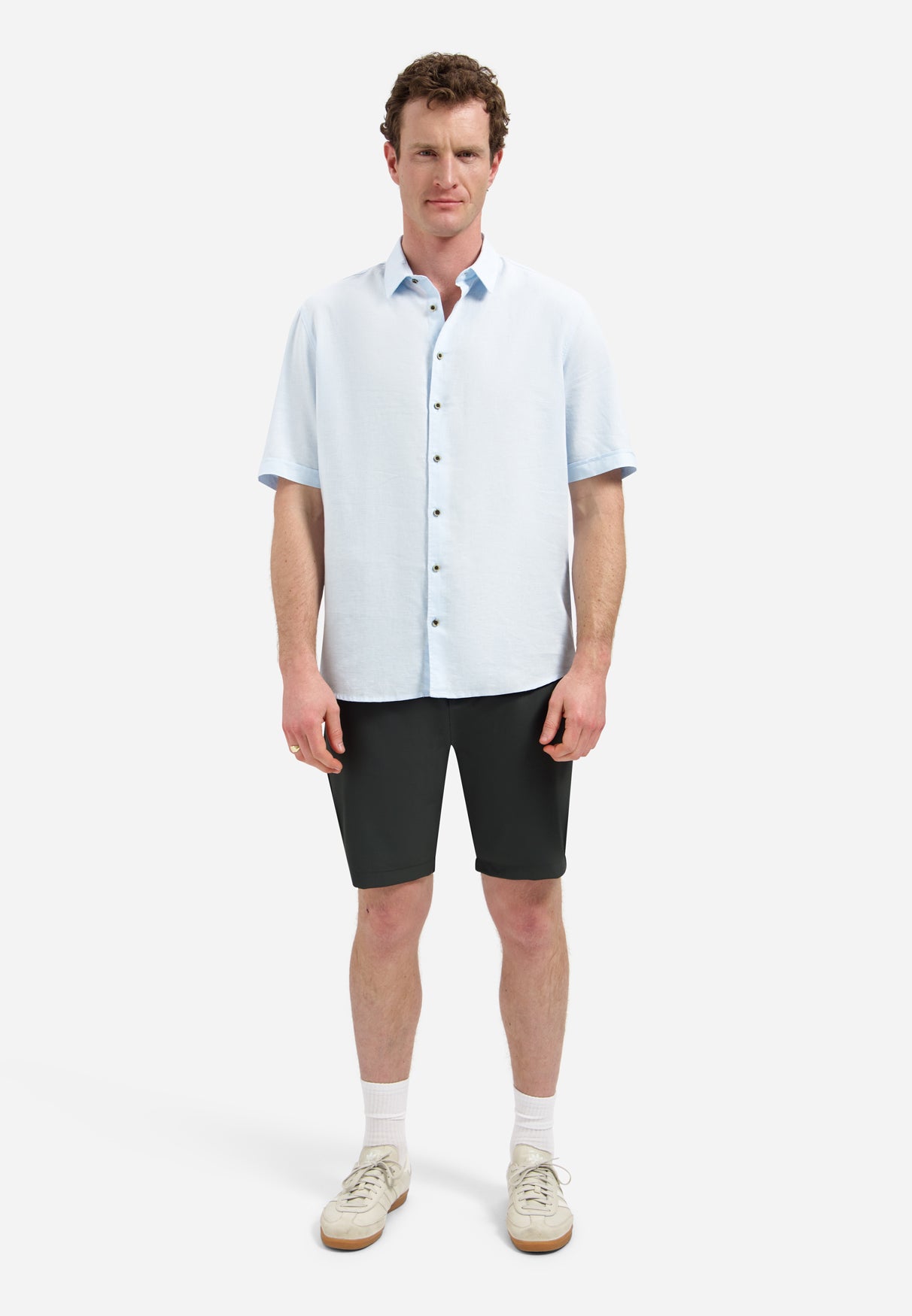 Short-sleeved linen blend shirt | Sky