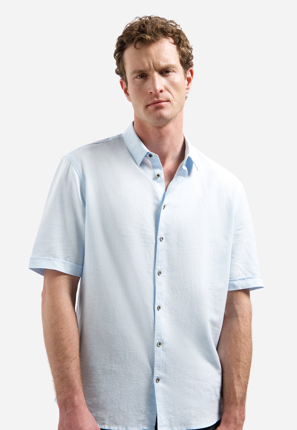 Short-sleeved linen blend shirt | Sky