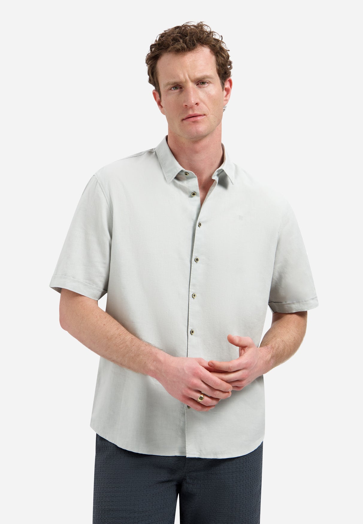Short-sleeved linen blend shirt | Dusty Green
