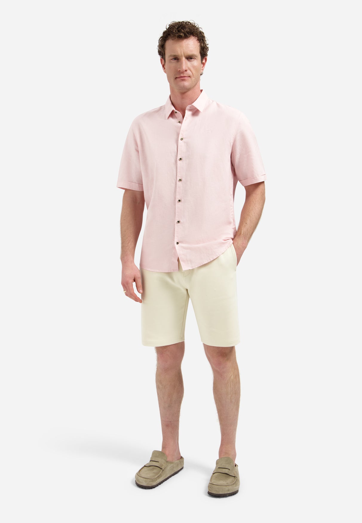 Short-sleeved linen blend shirt | Soft Pink