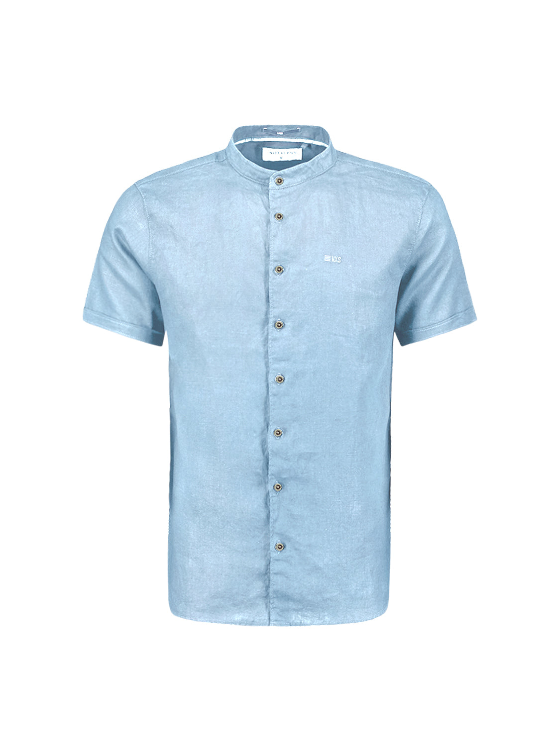 Linen blend shirt with short sleeves and a stand-up collar | Sky