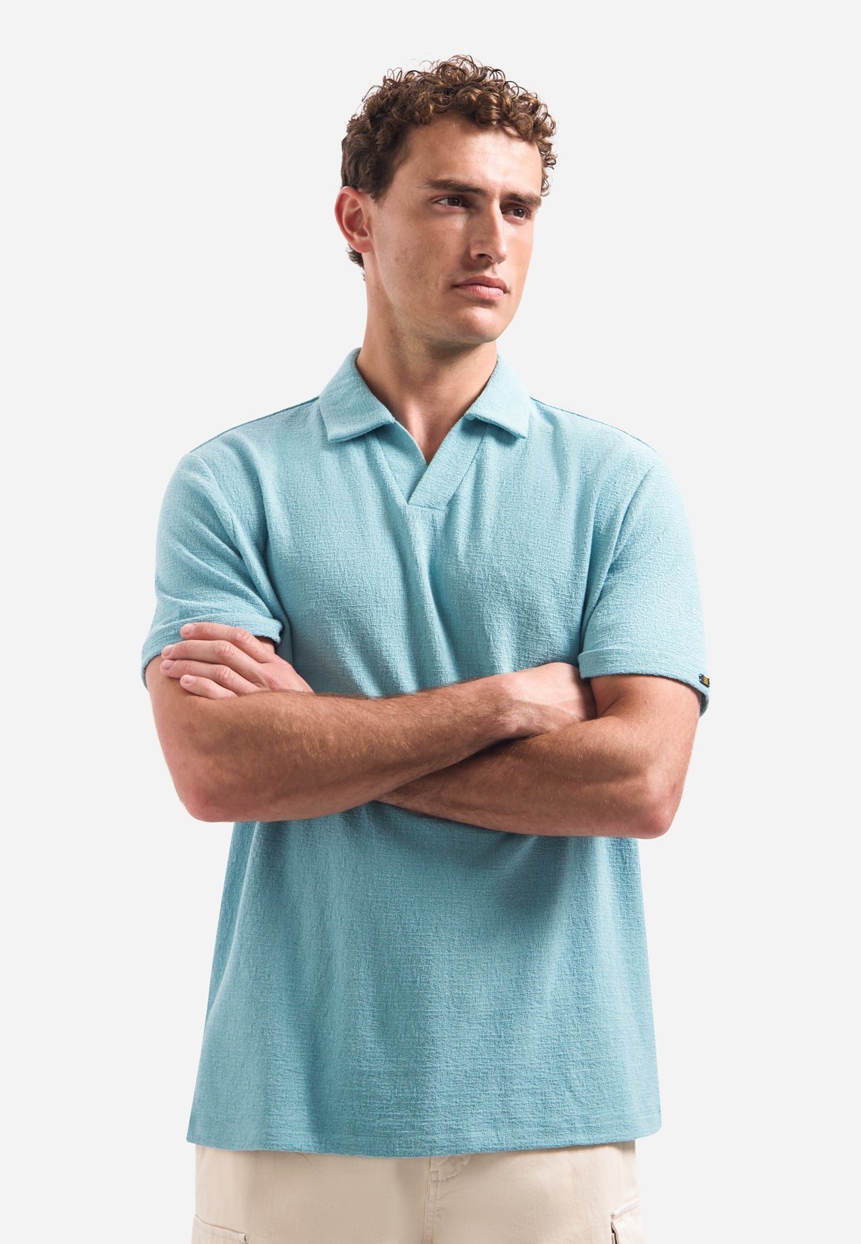 Short-sleeve textured V-neck polo | Seablue