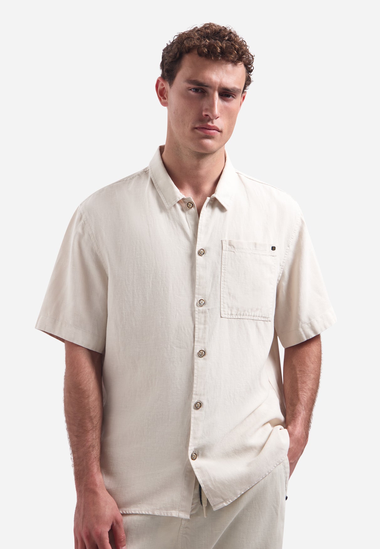 Short-sleeve linnen blend shirt | Stone