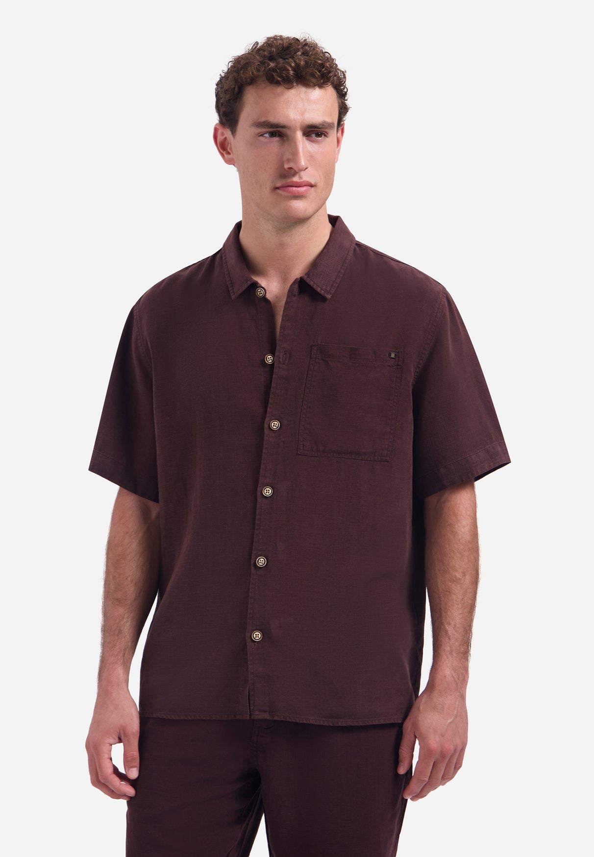 Short-sleeve linnen blend shirt | Dark Brown