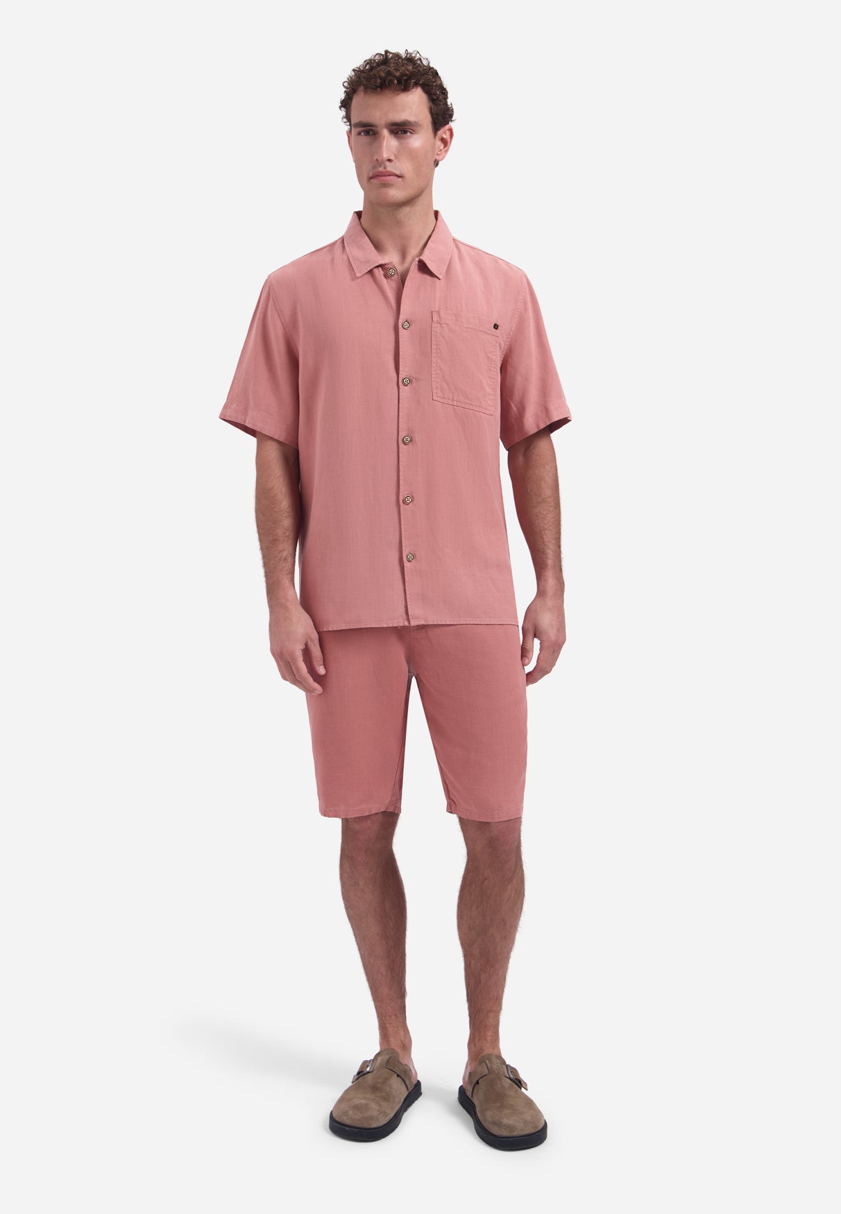 Short-sleeve linnen blend shirt | Coral