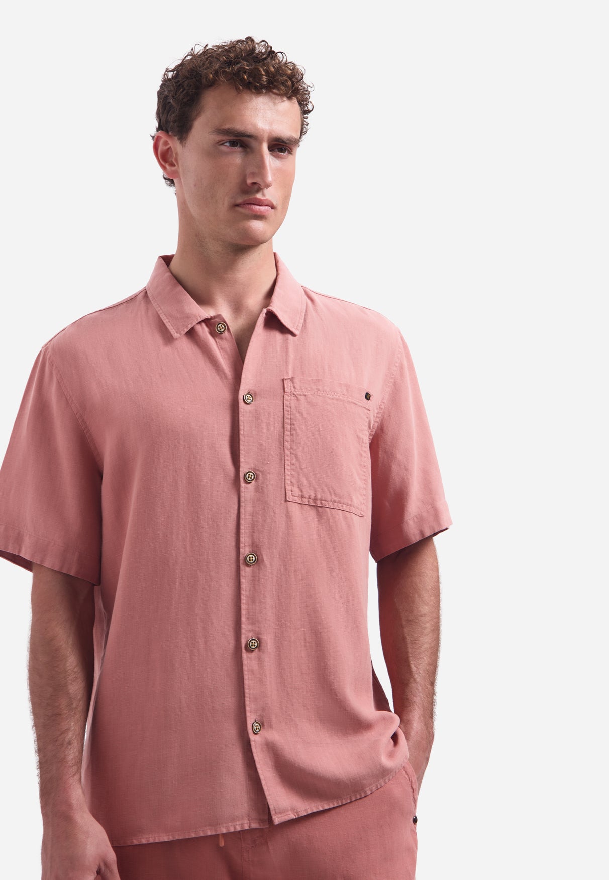 Short-sleeve linnen blend shirt | Coral