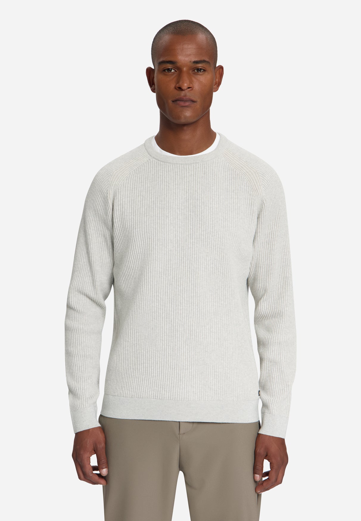 Pull col rond en maille tuck stitch | Light Grey Melange