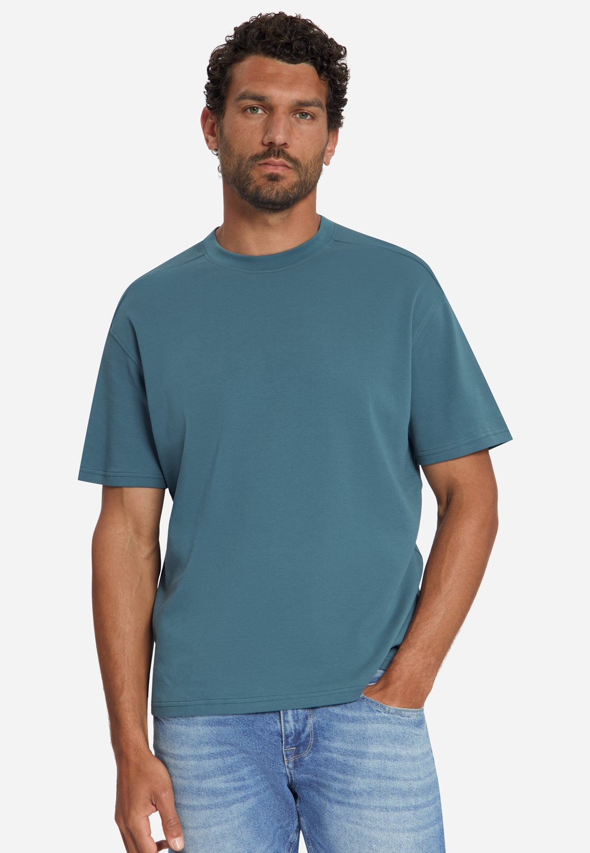 T-shirt à col rond, uni, en interlock épais | shadow blue