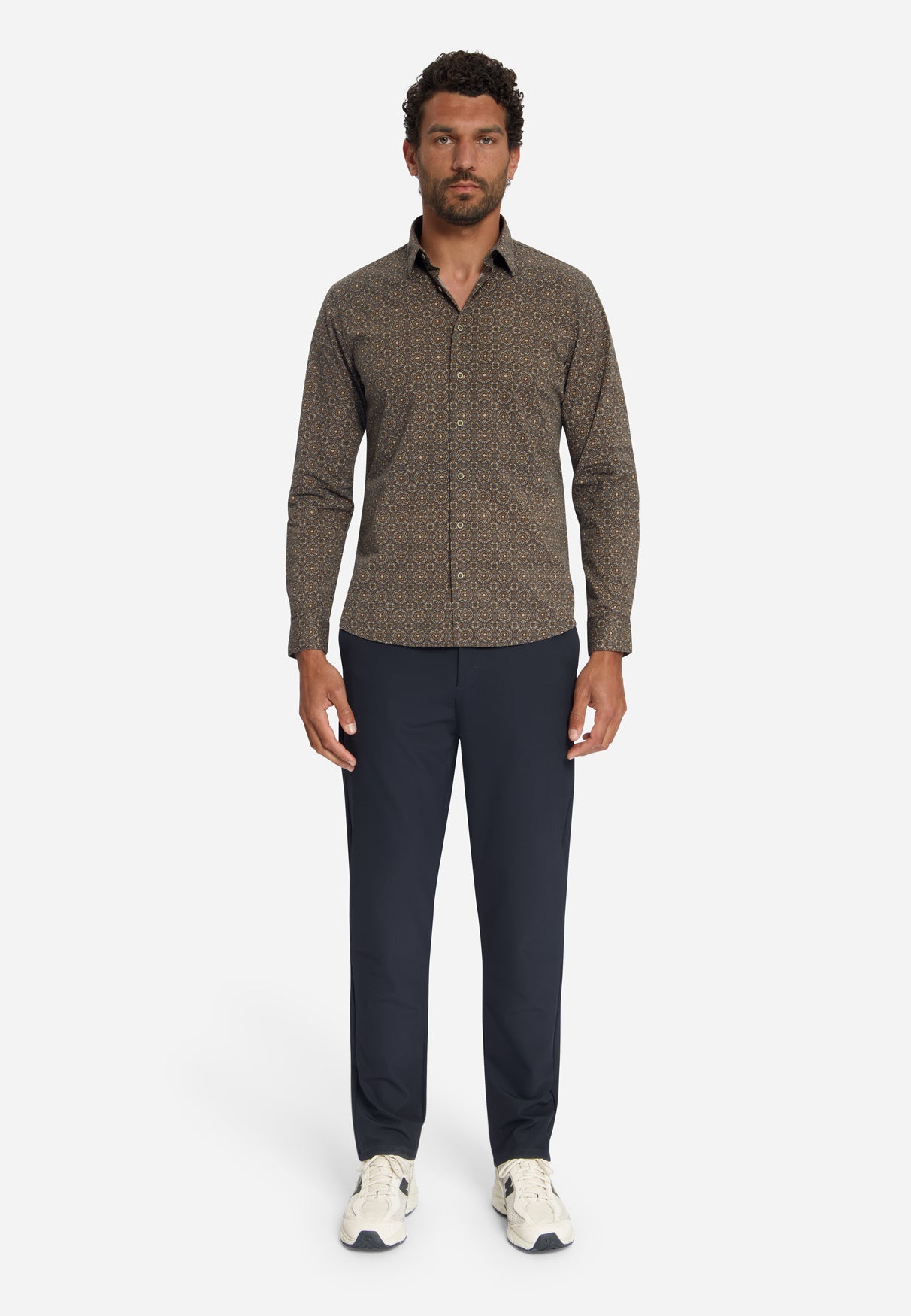 Geometric Print Stretch Shirt | Caramel