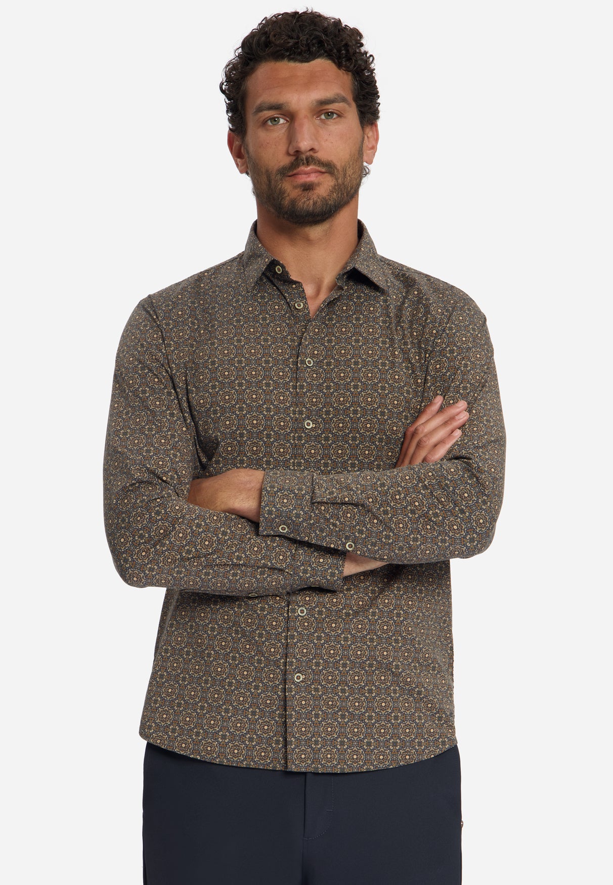 Geometric Print Stretch Shirt | Caramel
