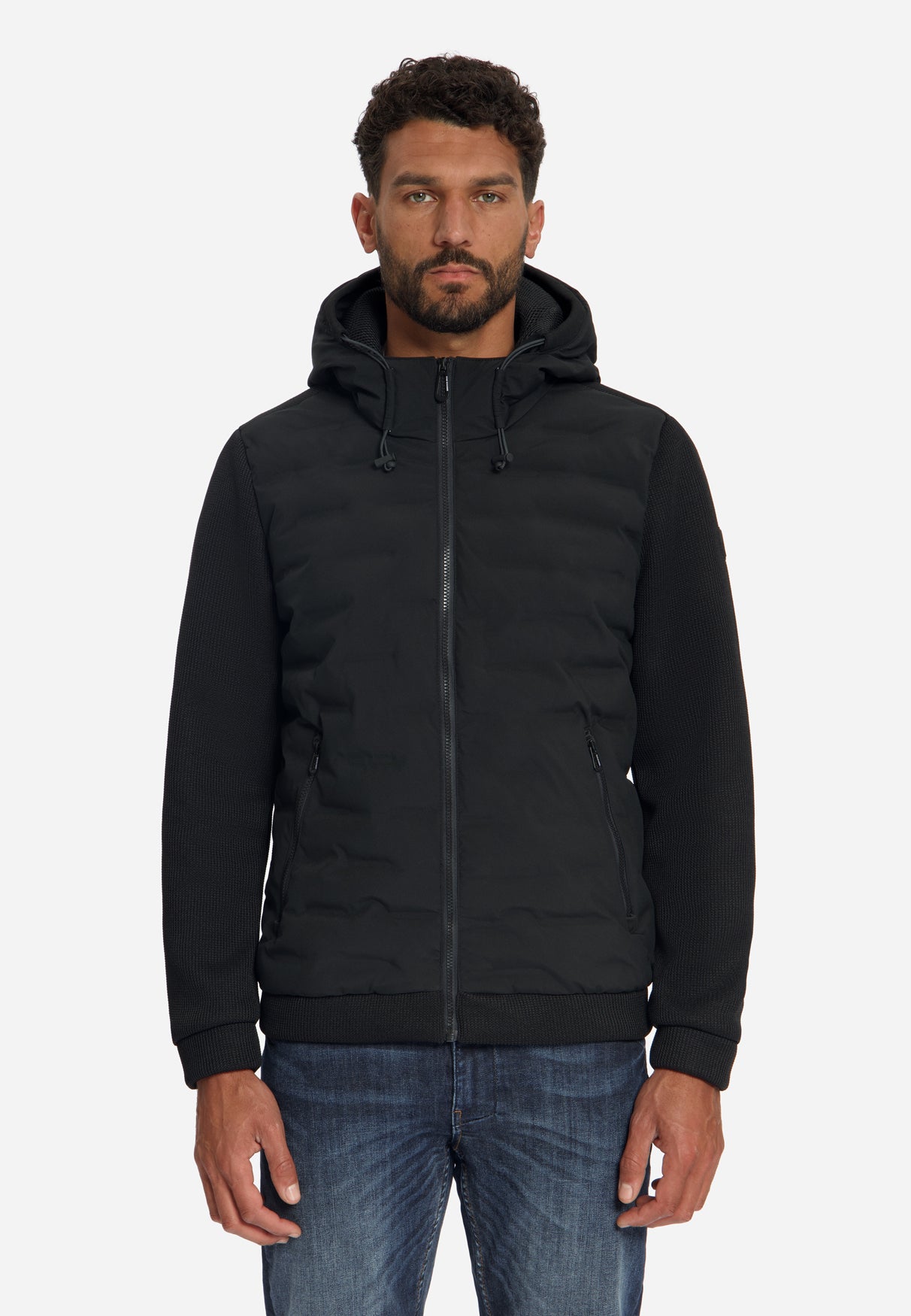 Jacket Short Fit Sealed Hooded Knitted Mix | Black