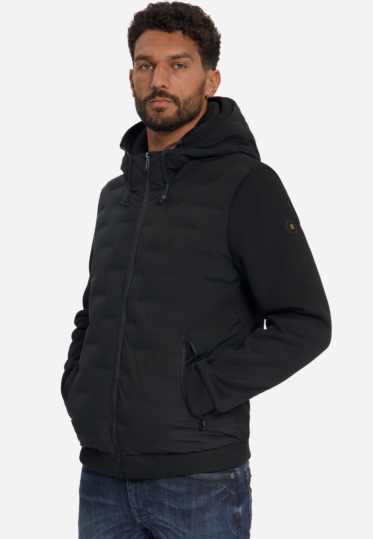 Jacket Short Fit Sealed Hooded Knitted Mix | Black